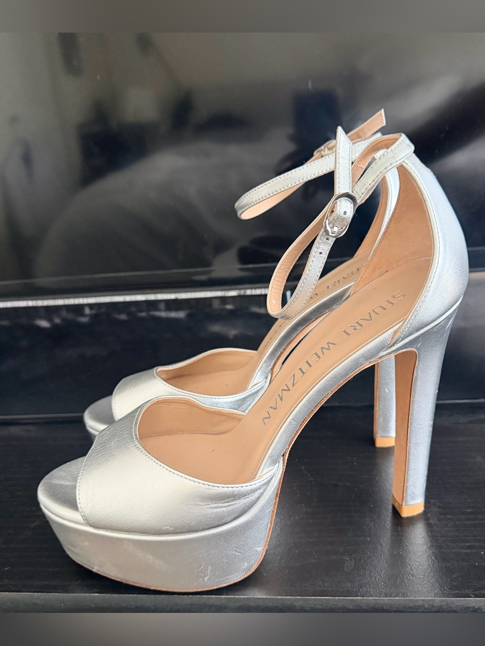 Stuart Weitzman Metallic Silver Platform Ankle-Strap Heels